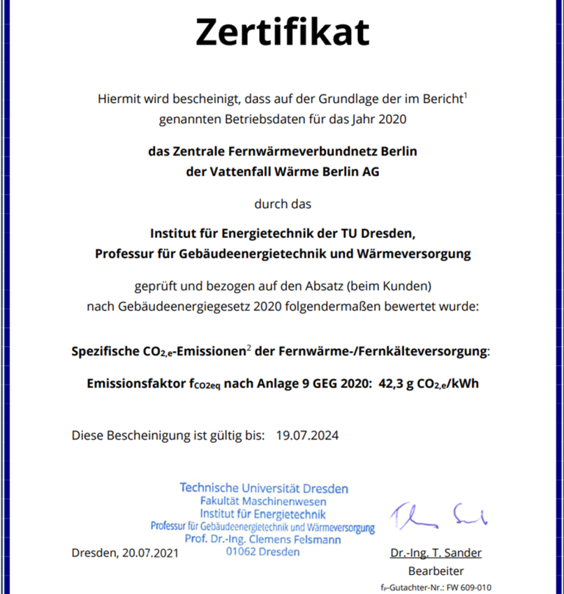 Zertifikat der TU Dresden - gültig bis 19.07.2024 - CO2-Emissionsfaktor = 42,3 g / kWh